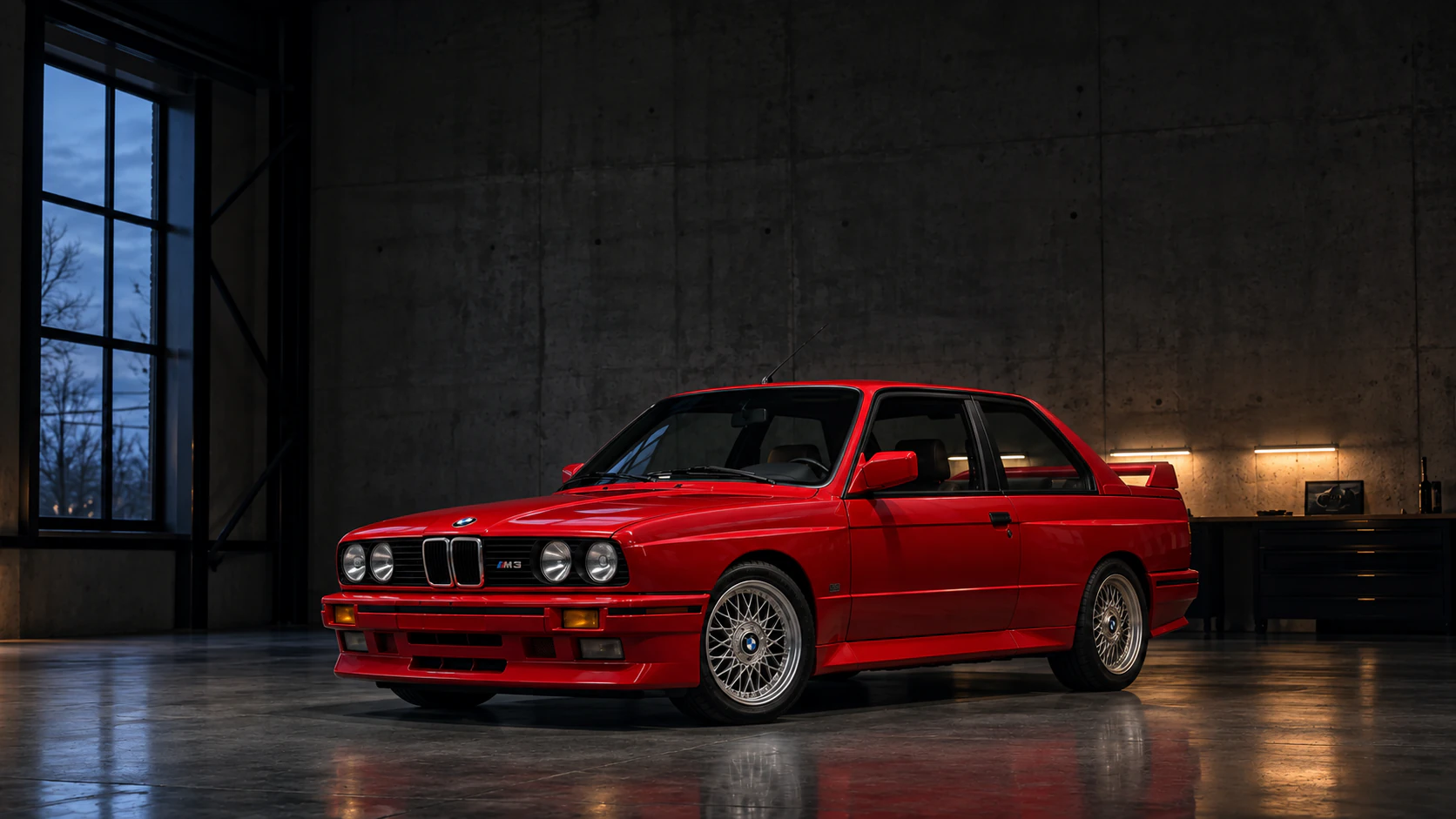 A red BMW E30 M3 in a dark concrete workshop.
