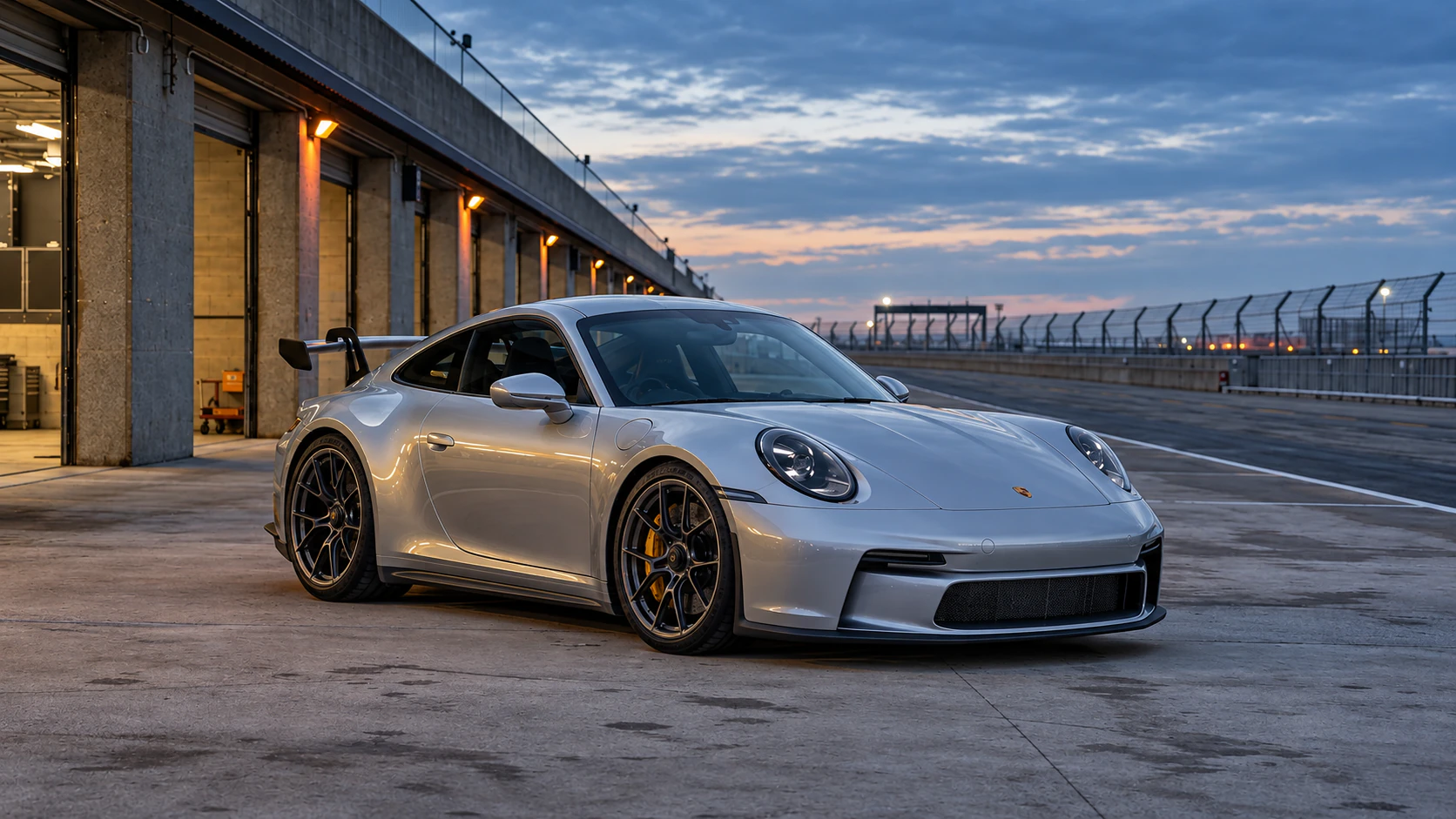 A silver Porsche GT3 in a trackside paddock at blue hour.