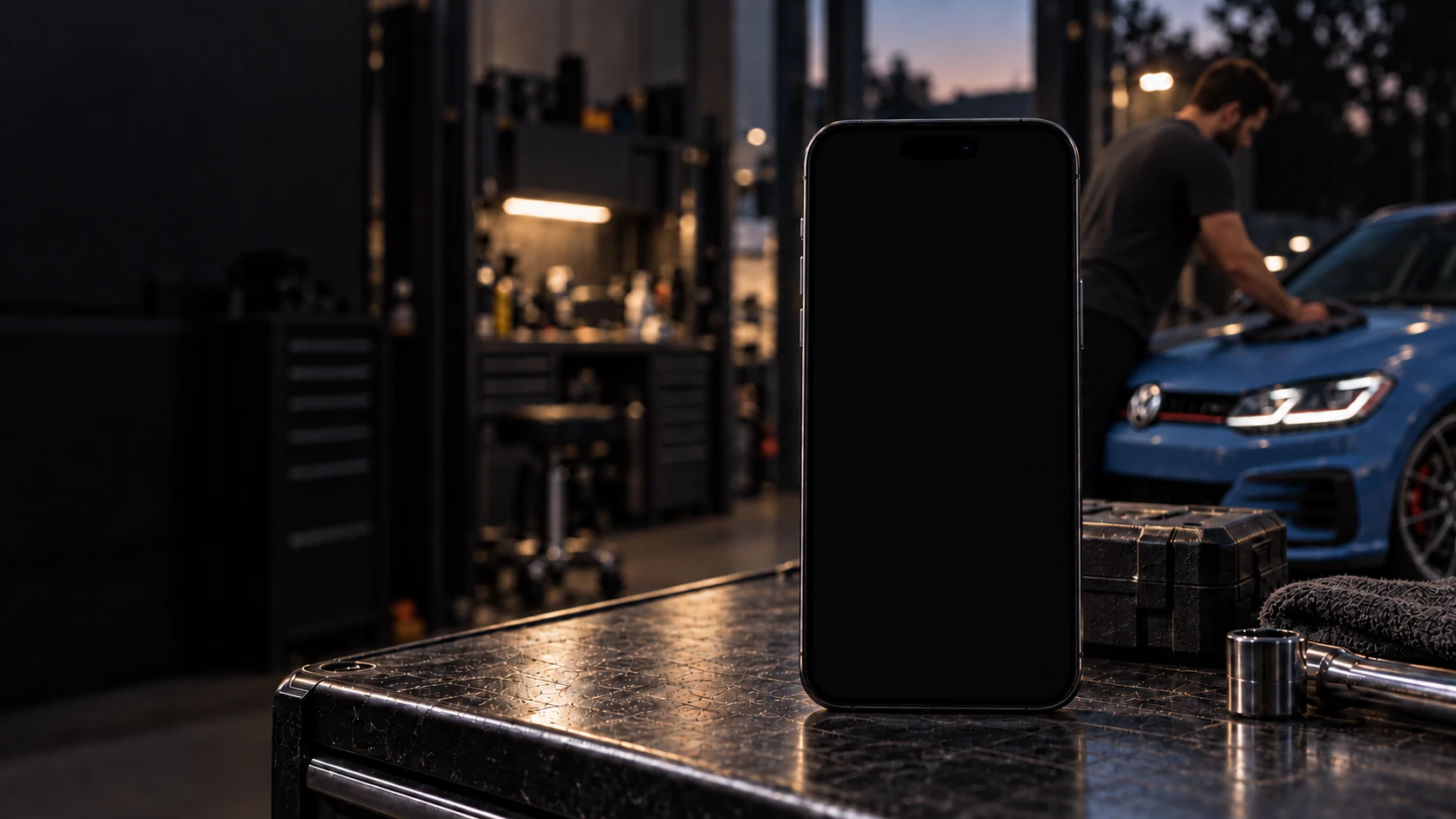 A sharply focused iPhone on a dark workbench, with a person working on a Cornflower Blue 2019 Golf GTI softly blurred behind it.